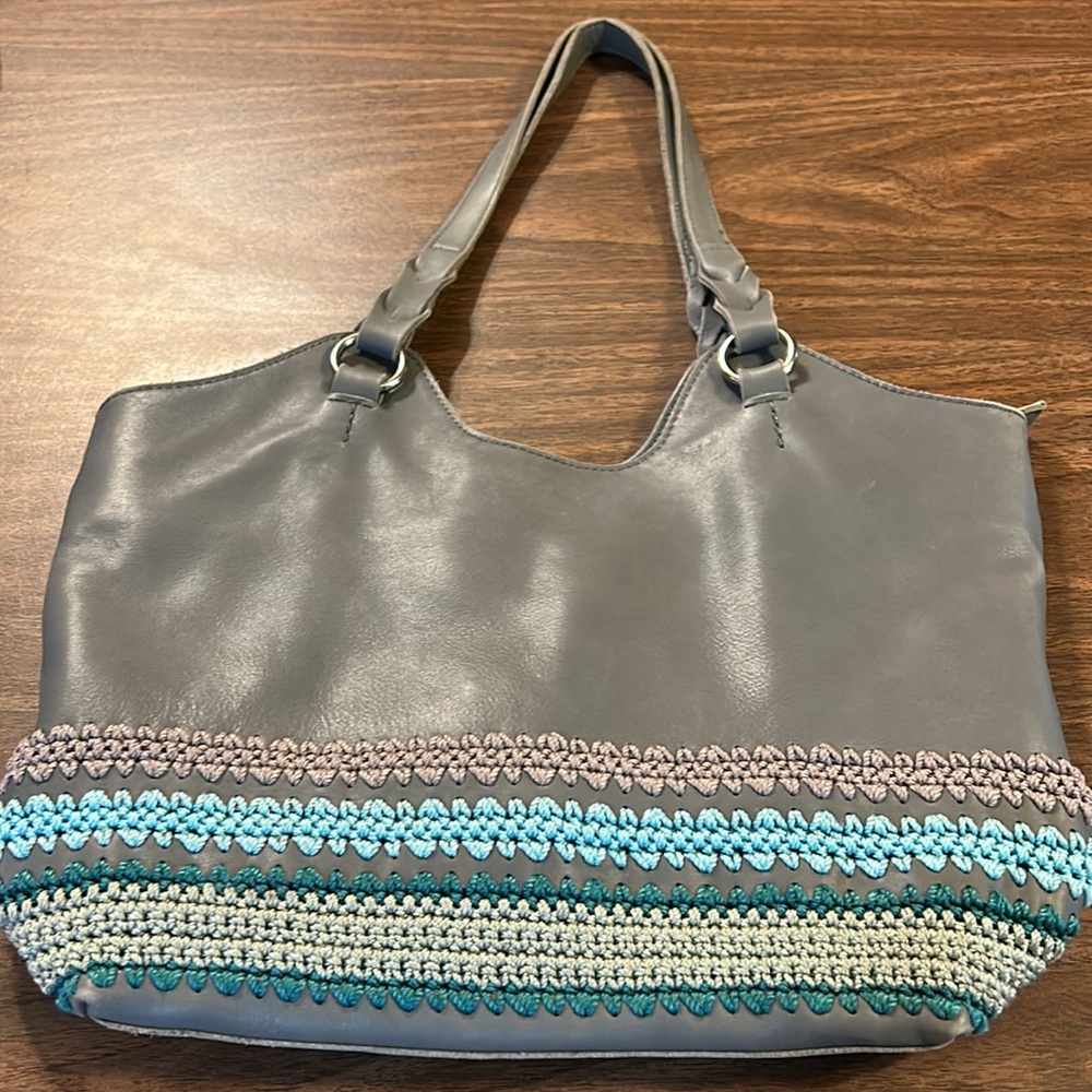 The Sak Gray Tote with Blue and Teal Crochet Trim